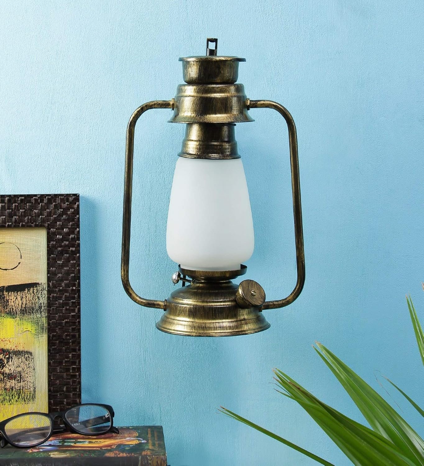 Golden Milky Glass Lantern Wall Mounted Lamp (White)