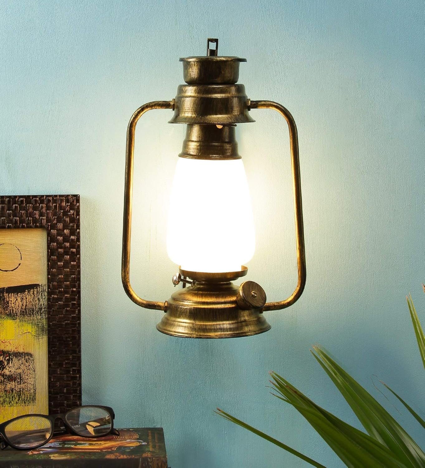 Golden Milky Glass Lantern Wall Mounted Lamp (White)
