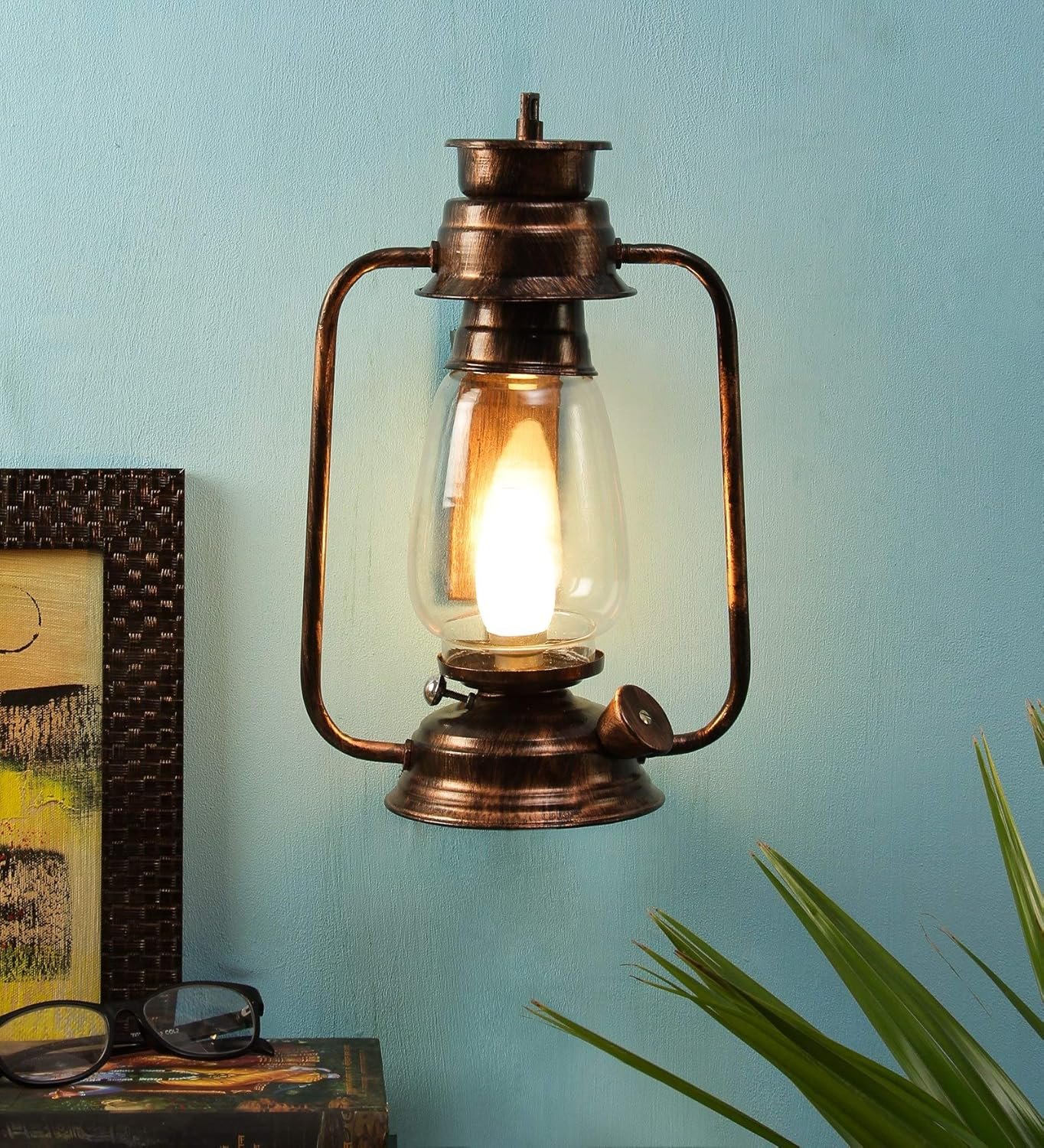 Copper Clear Glass Lantern Wall Mounted Lamp (Clear)
