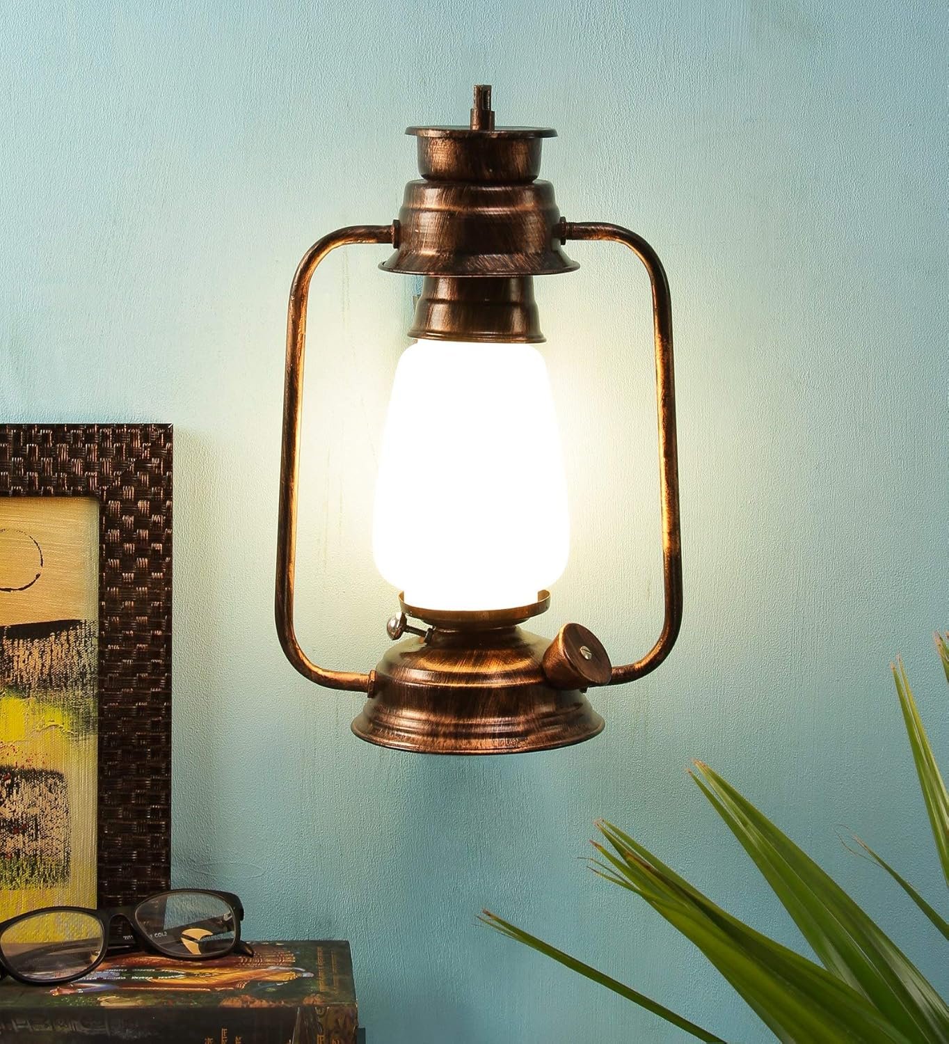 Copper Milky Glass Lantern Wall Mounted Lamp (White)