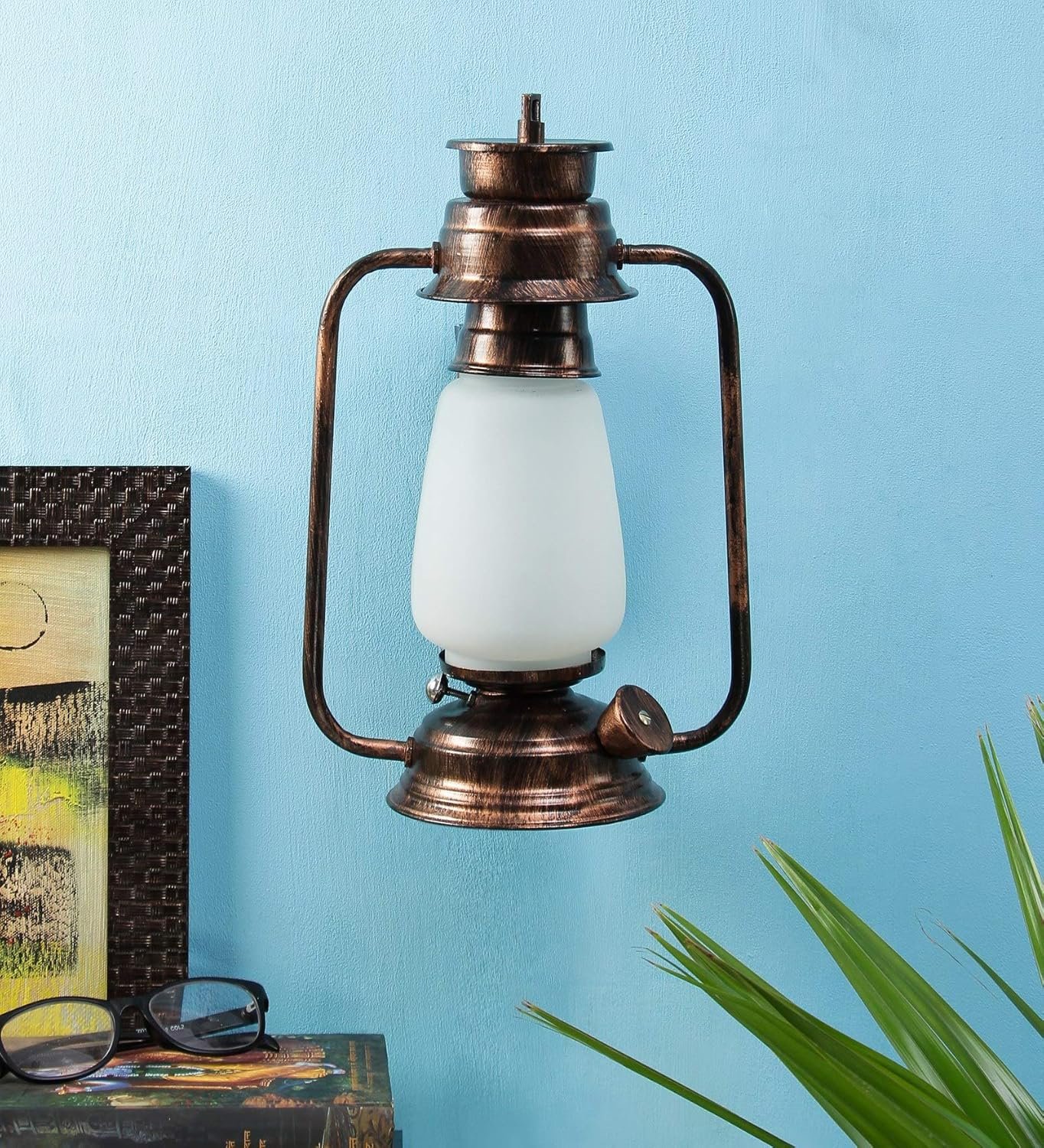 Copper Milky Glass Lantern Wall Mounted Lamp (White)