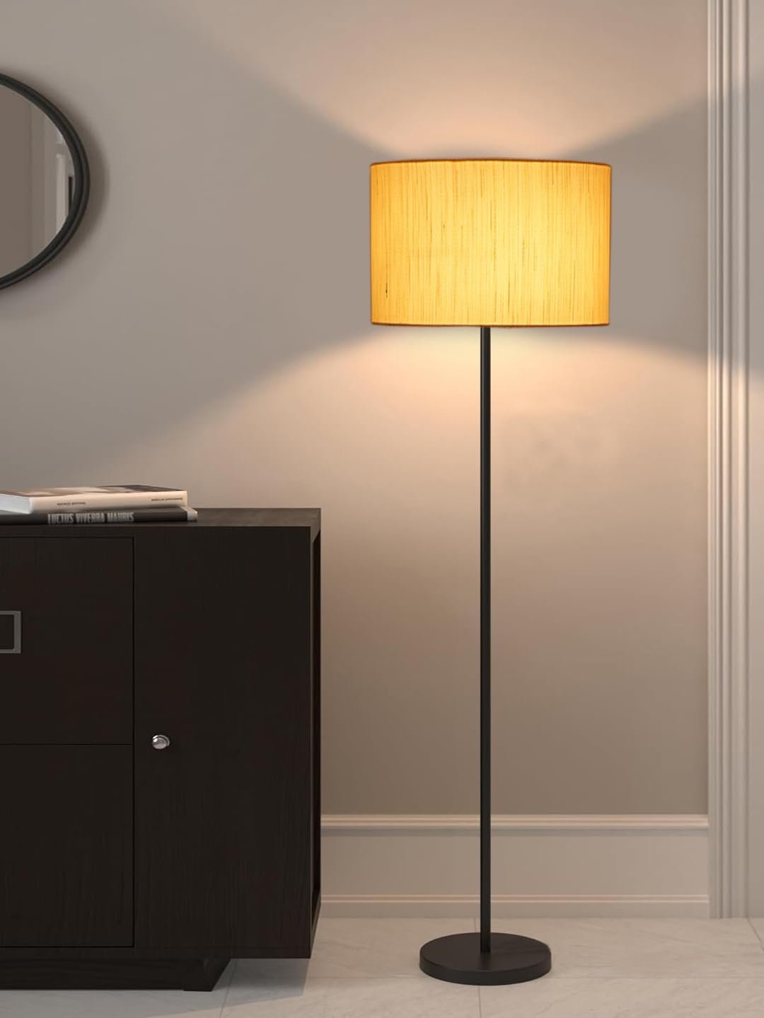 Off-White Cotton Drum Shade with Iron Floor lamp with Wood Base for Decoration/Office/Home/Gifting/Study .-(12x12x58.5 Inches)