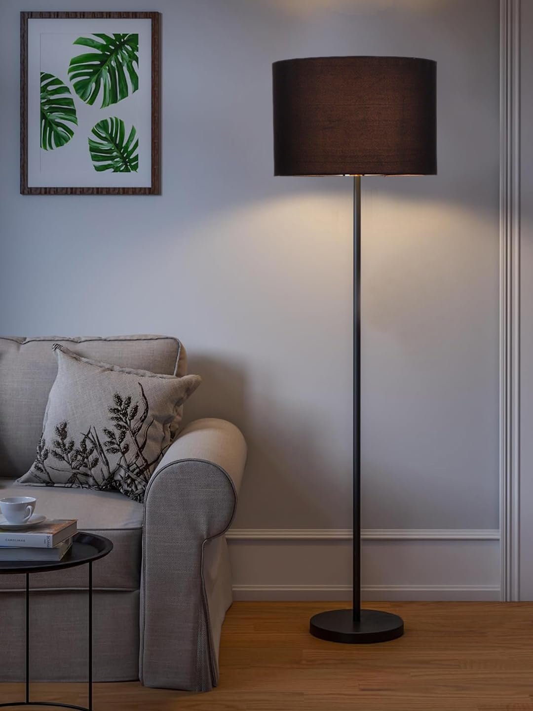 Black Cotton Drum Shade with Iron Floor lamp with Wood Base for Decoration/Office/Home/Gifting/Study .-(12x12x58.5 Inches)