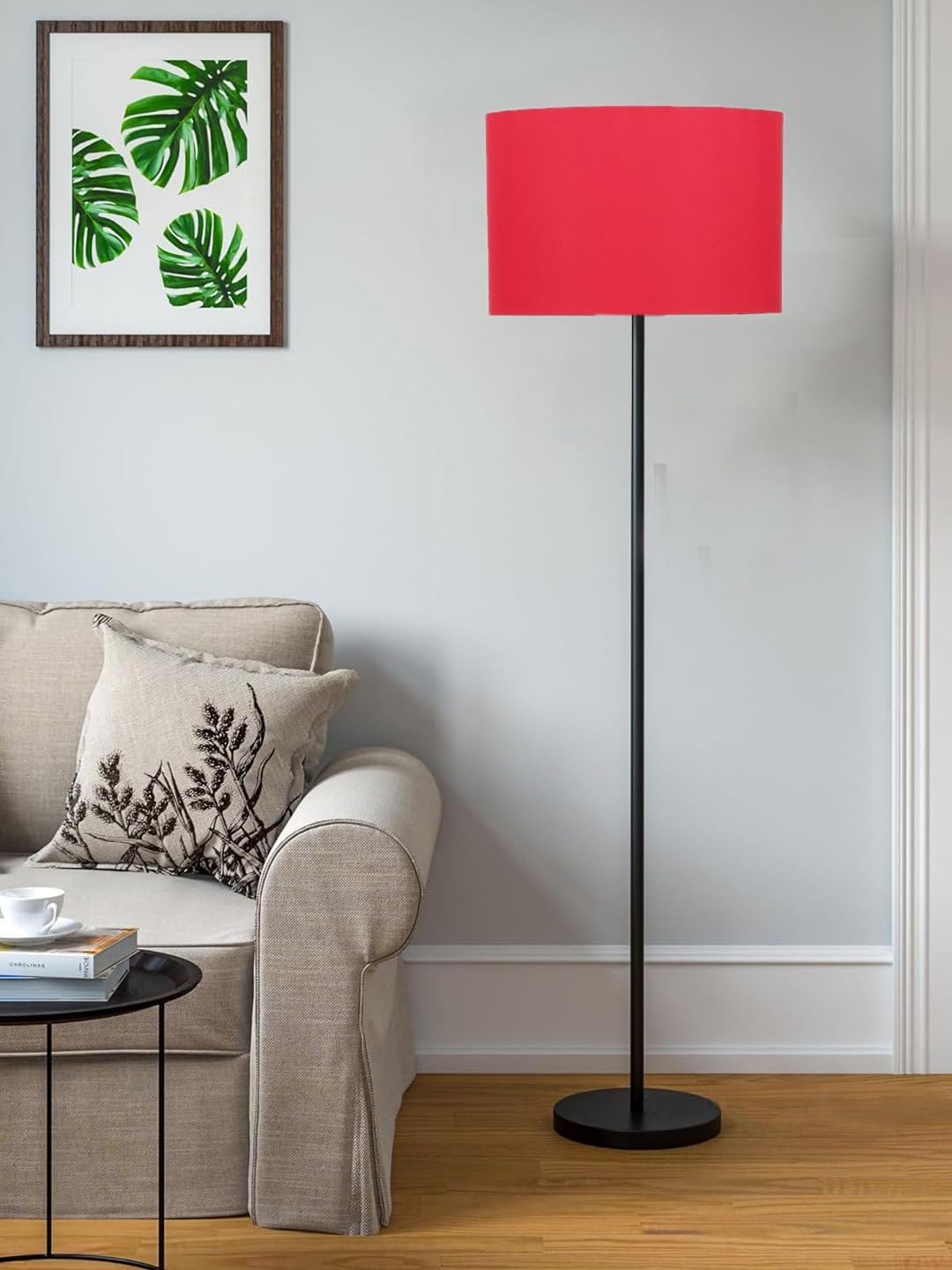 Red Cotton Drum Shade with Iron Floor lamp with Wood Base for Decoration/Office/Home/Gifting/Study .-(12x12x58.5 Inches)