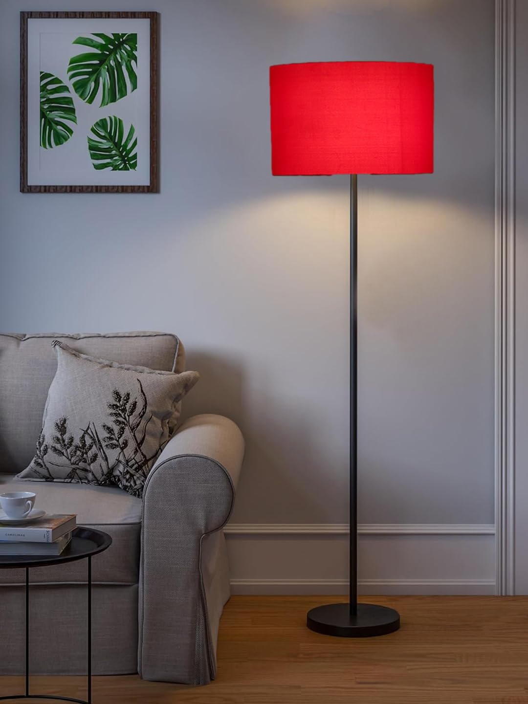 Red Cotton Drum Shade with Iron Floor lamp with Wood Base for Decoration/Office/Home/Gifting/Study .-(12x12x58.5 Inches)