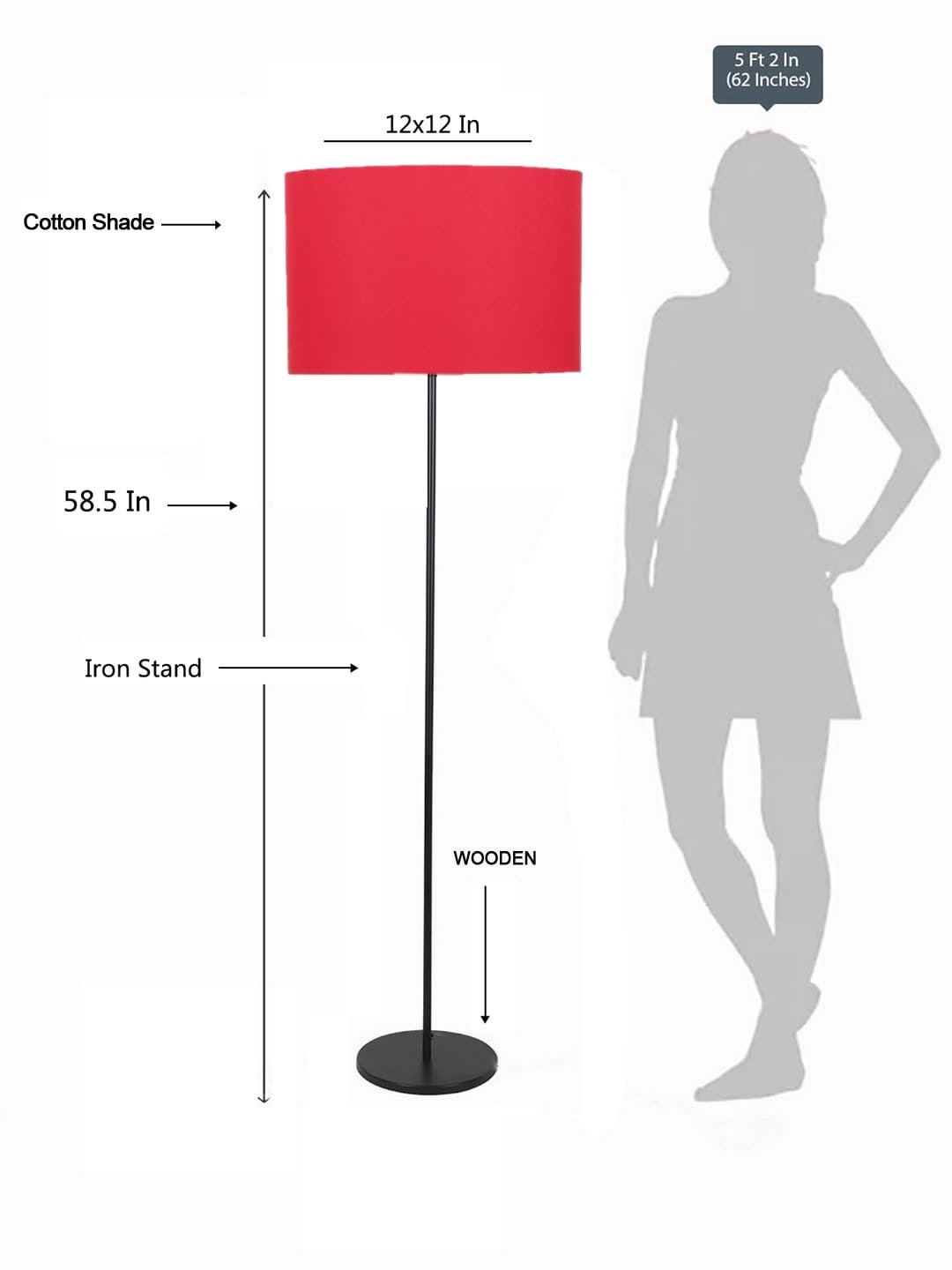Red Cotton Drum Shade with Iron Floor lamp with Wood Base for Decoration/Office/Home/Gifting/Study .-(12x12x58.5 Inches)
