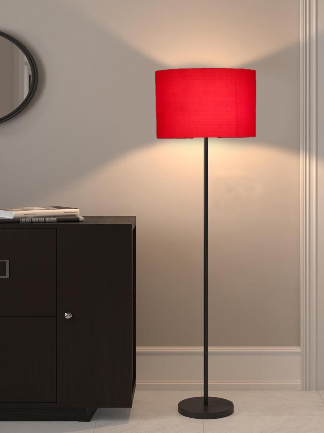 Red Cotton Drum Shade with Iron Floor lamp with Wood Base for Decoration/Office/Home/Gifting/Study .-(12x12x58.5 Inches)