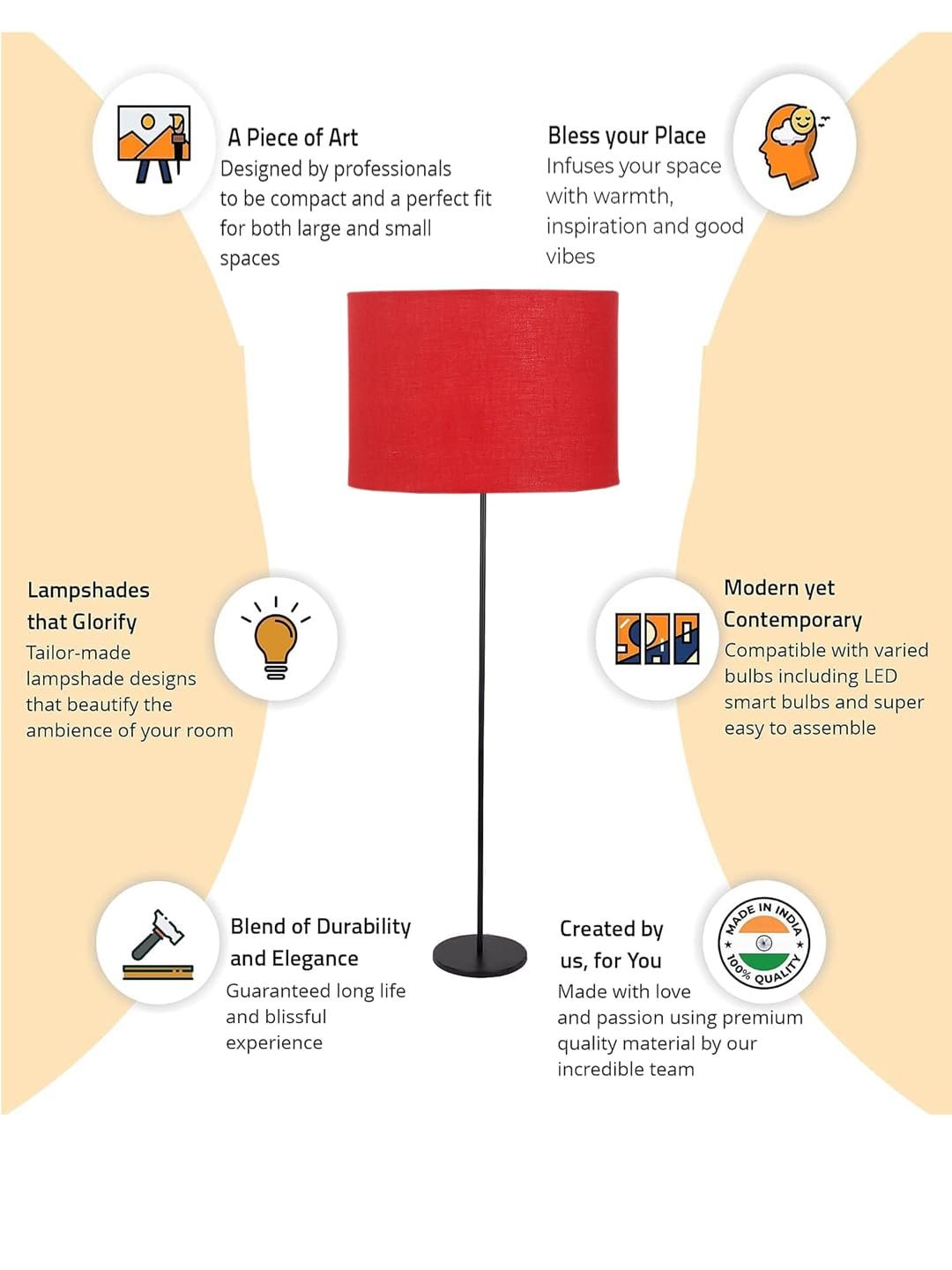 Orange Cotton Drum Shade with Iron Floor lamp with Wood Base for Decoration/Office/Home/Gifting/Study .-(12x12x58.5 Inches)