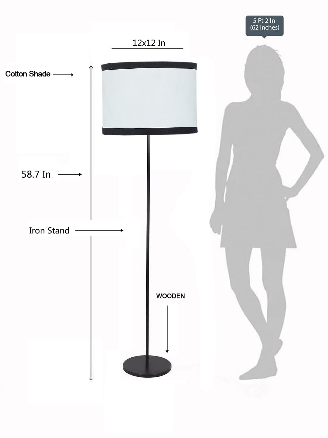 White & Black Cotton Drum Shade with Iron Floor lamp with Wood Base for Decoration/Office/Home/Gifting/Study .-(12x12x58.5 Inches)