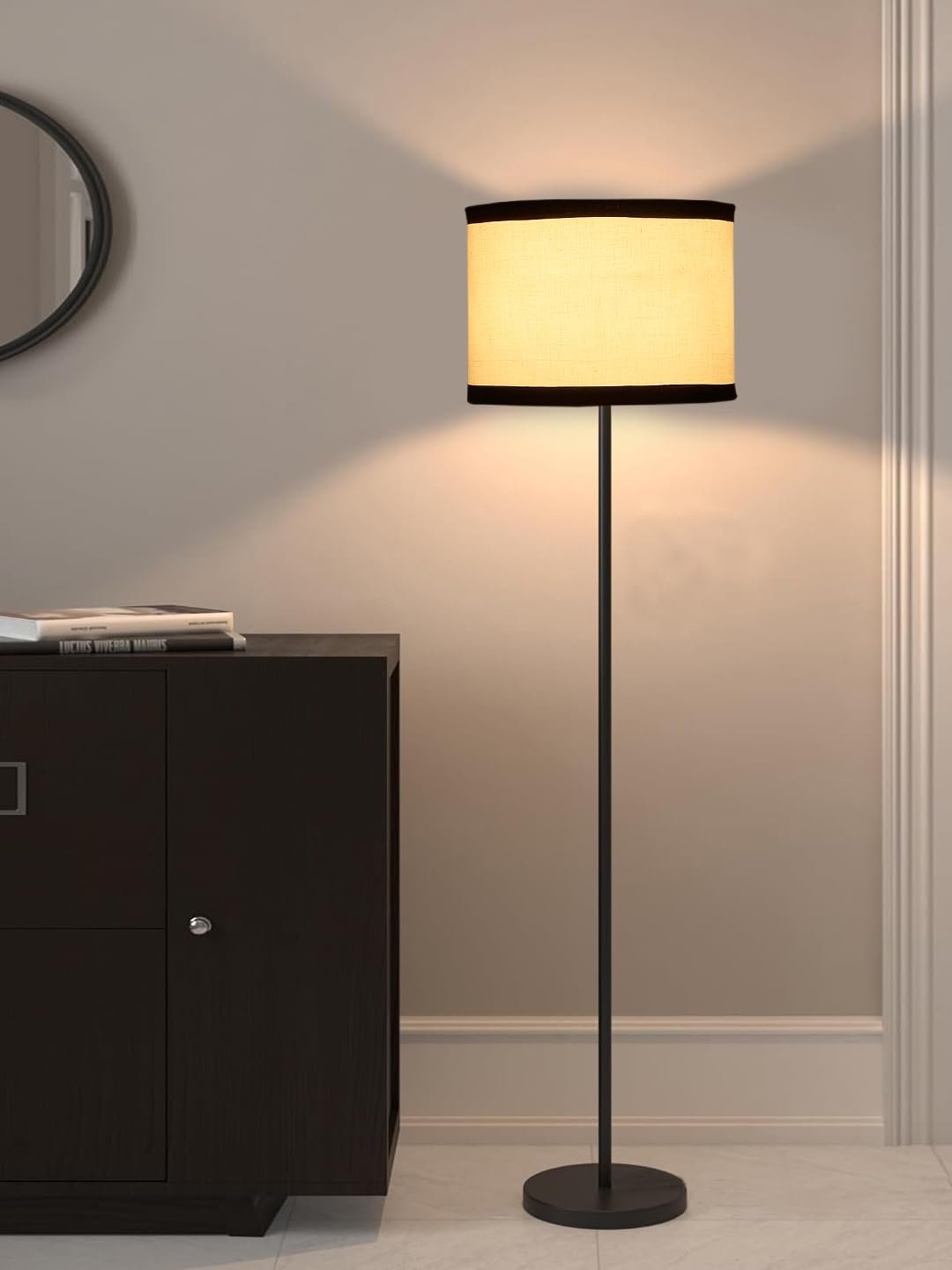 White & Black Cotton Drum Shade with Iron Floor lamp with Wood Base for Decoration/Office/Home/Gifting/Study .-(12x12x58.5 Inches)