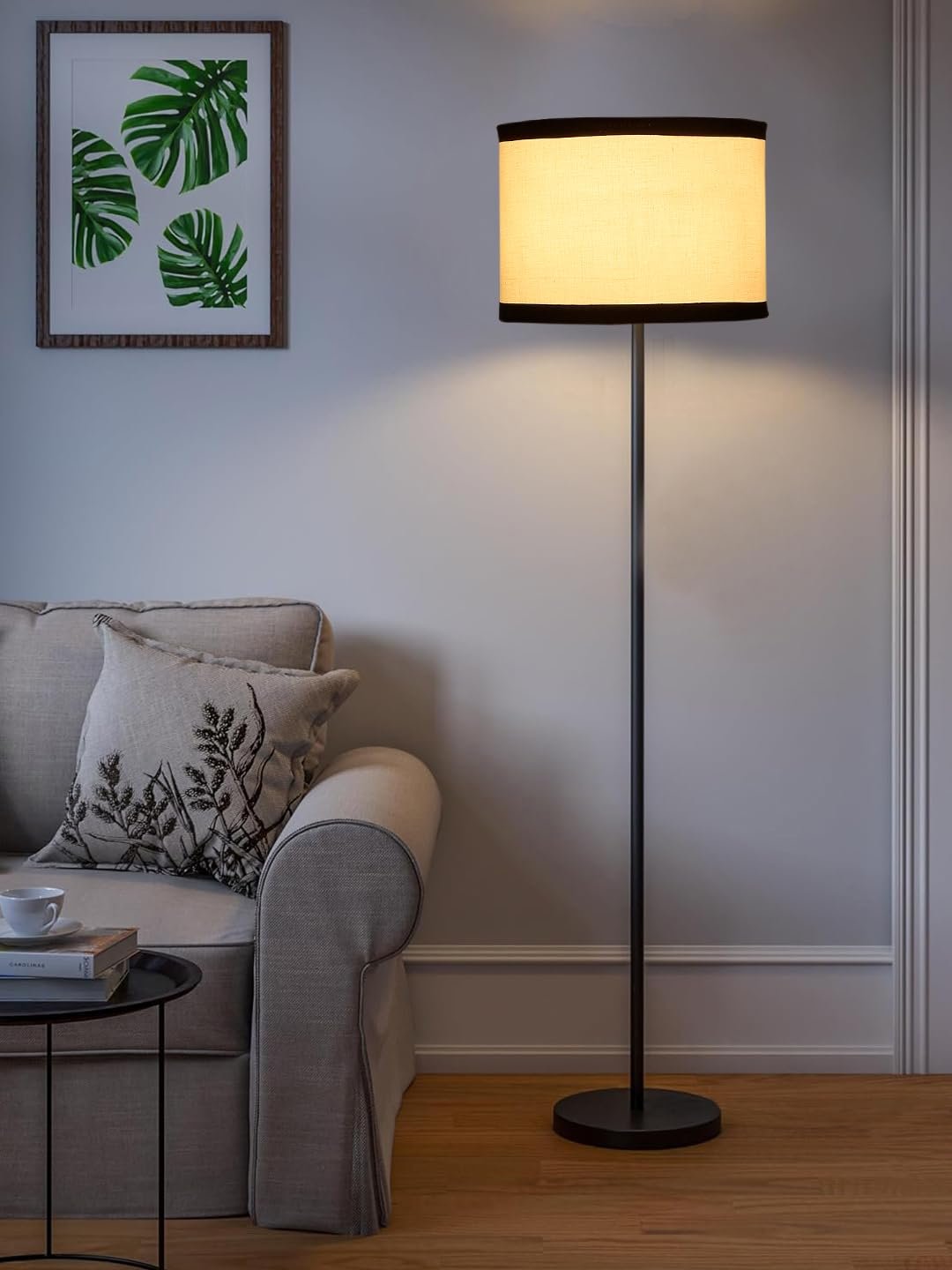 White & Black Cotton Drum Shade with Iron Floor lamp with Wood Base for Decoration/Office/Home/Gifting/Study .-(12x12x58.5 Inches)
