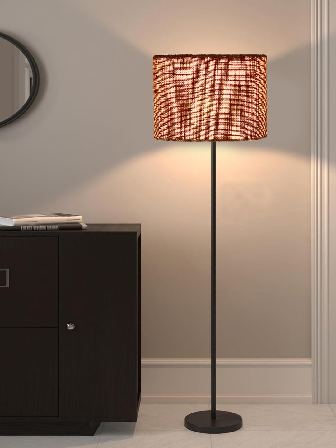 Beige Jute Drum Shade with Iron Floor lamp with Wood Base for Decoration/Office/Home/Gifting/Study .-(12x12x58.5 Inches)