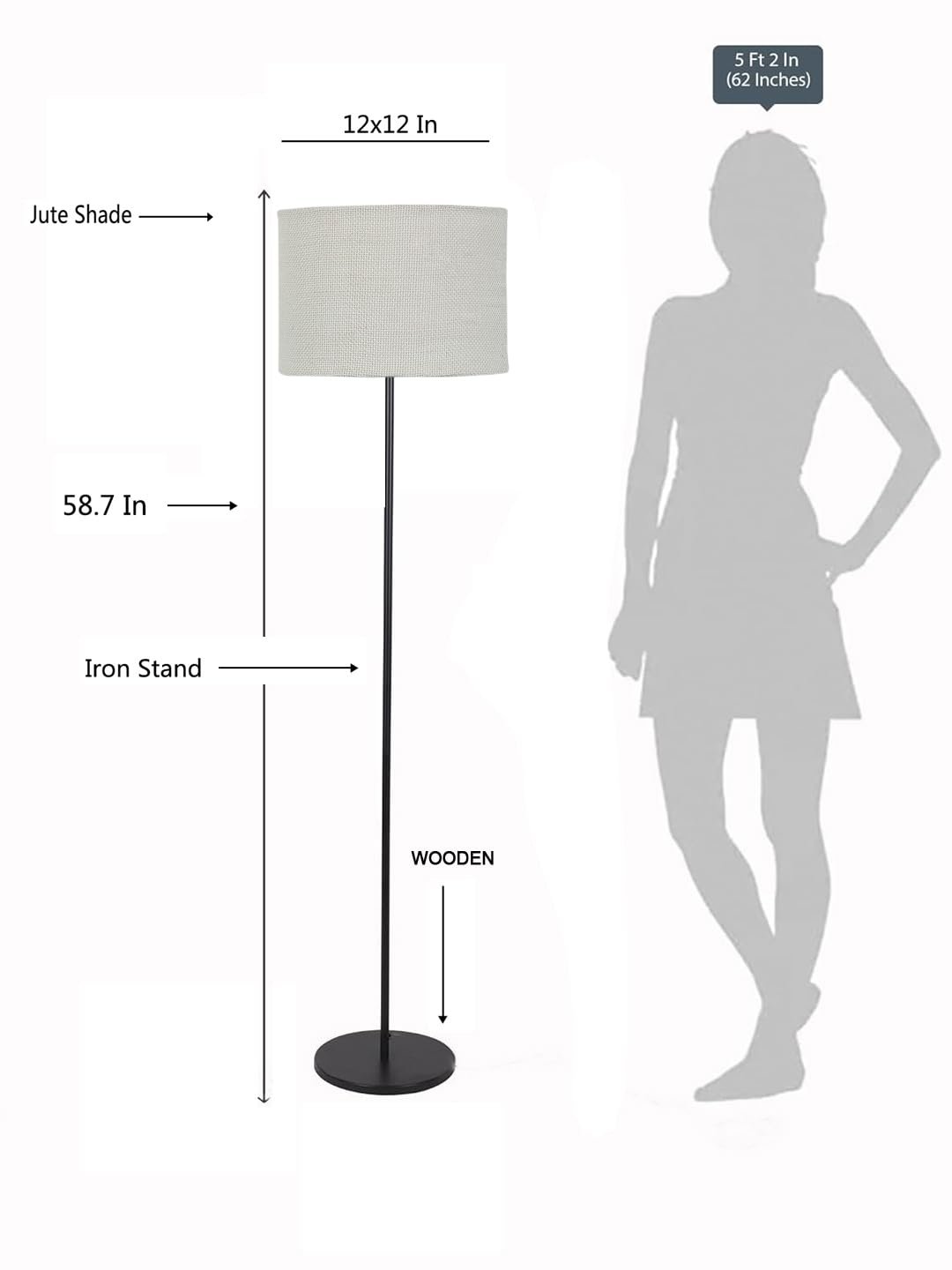 White Jute Drum Shade with Iron Floor lamp with Wood Base for Decoration/Office/Home/Gifting/Study .-(12x12x58.5 Inches)