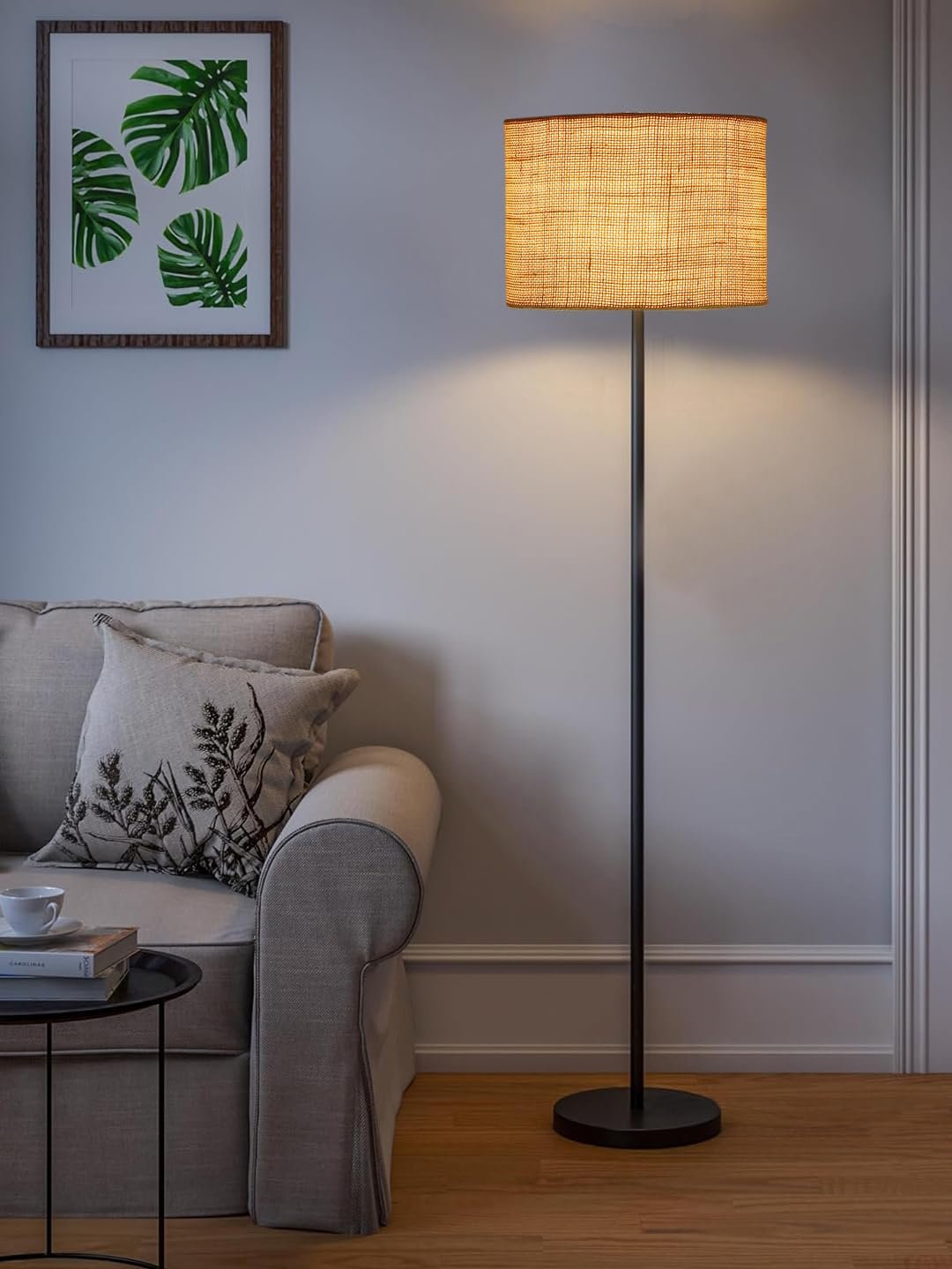 White Jute Drum Shade with Iron Floor lamp with Wood Base for Decoration/Office/Home/Gifting/Study .-(12x12x58.5 Inches)