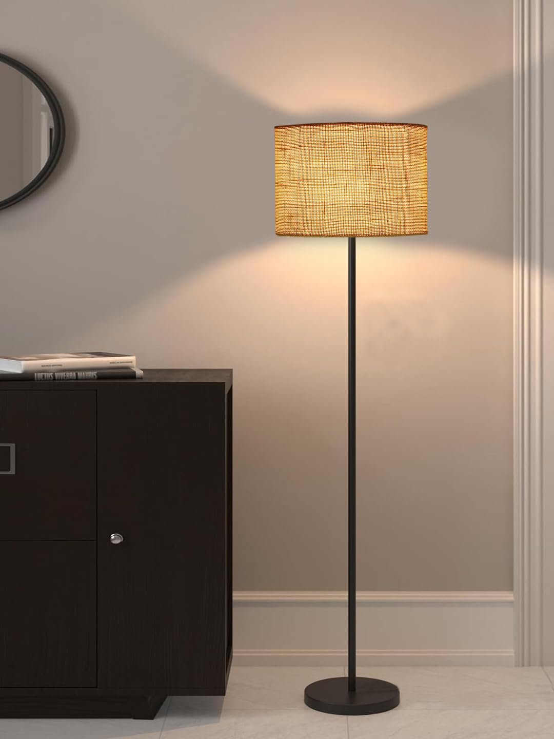 White Jute Drum Shade with Iron Floor lamp with Wood Base for Decoration/Office/Home/Gifting/Study .-(12x12x58.5 Inches)