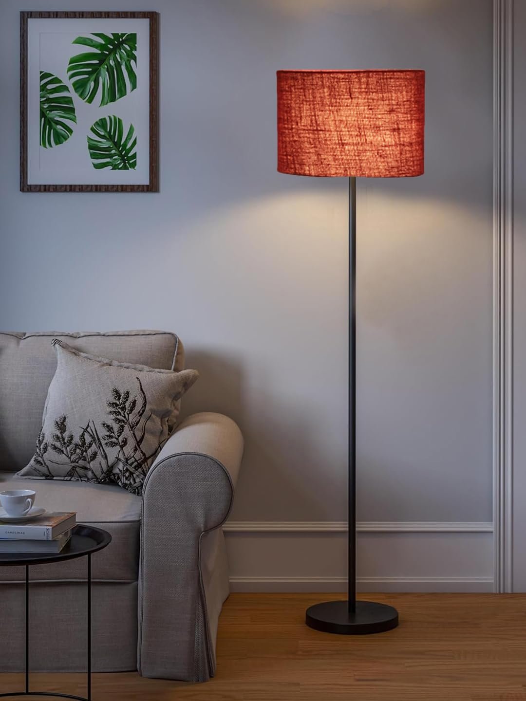 Maroon Jute Drum Shade with Iron Floor lamp with Wood Base for Decoration/Office/Home/Gifting/Study .-(12x12x58.5 Inches)