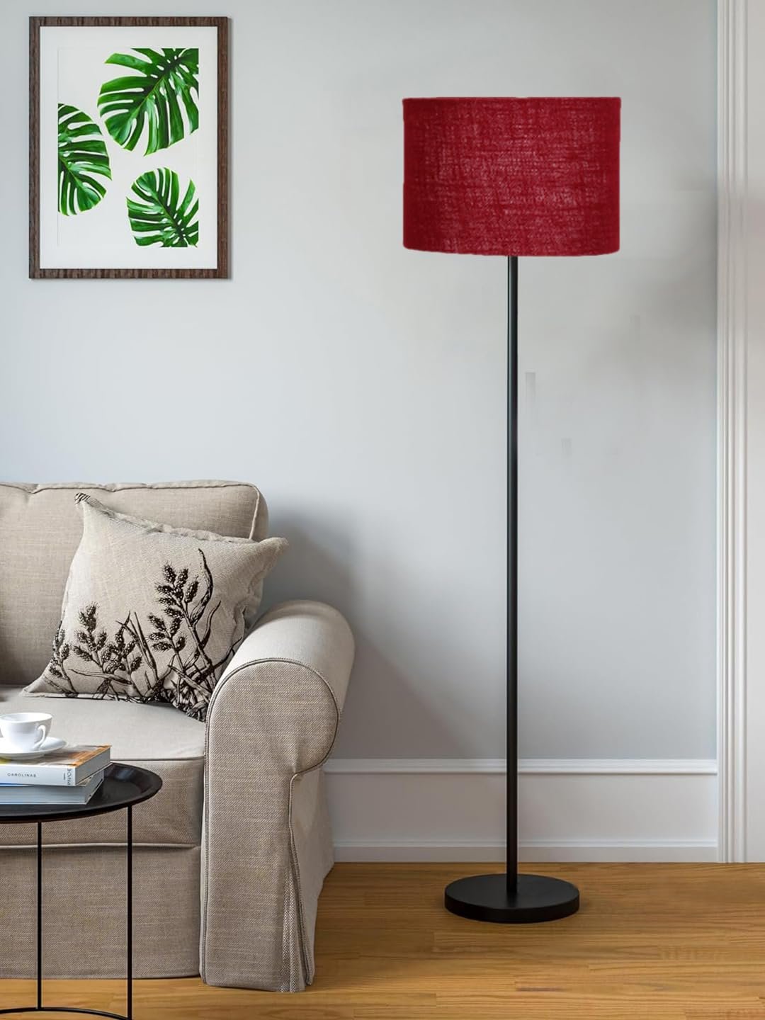 Maroon Jute Drum Shade with Iron Floor lamp with Wood Base for Decoration/Office/Home/Gifting/Study .-(12x12x58.5 Inches)
