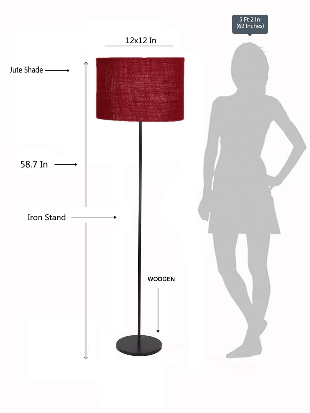 Maroon Jute Drum Shade with Iron Floor lamp with Wood Base for Decoration/Office/Home/Gifting/Study .-(12x12x58.5 Inches)