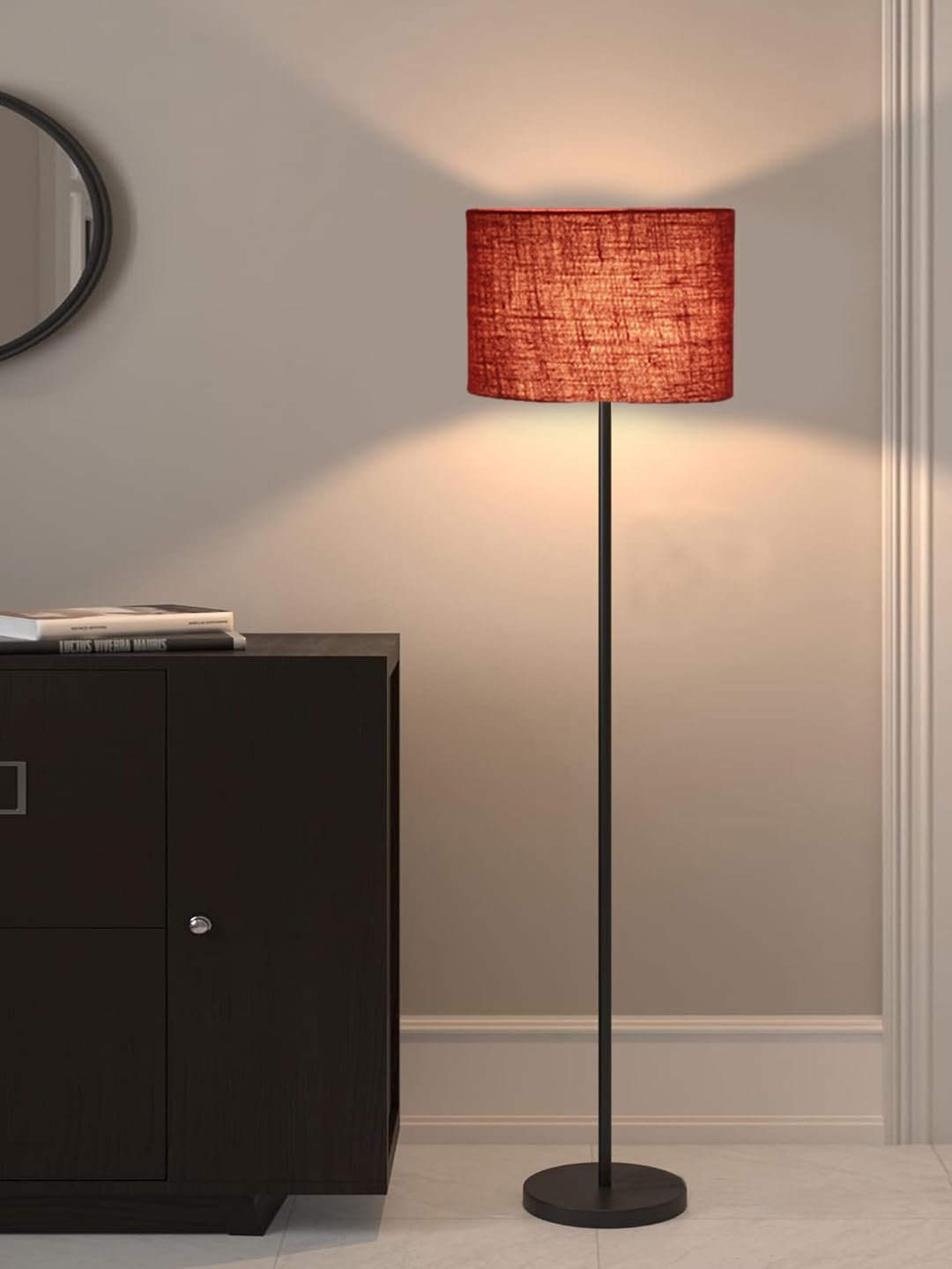 Maroon Jute Drum Shade with Iron Floor lamp with Wood Base for Decoration/Office/Home/Gifting/Study .-(12x12x58.5 Inches)