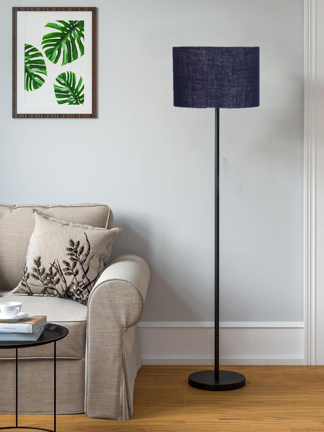 Blue Jute Drum Shade with Iron Floor lamp with Wood Base for Decoration/Office/Home/Gifting/Study .-(12x12x58.5 Inches)