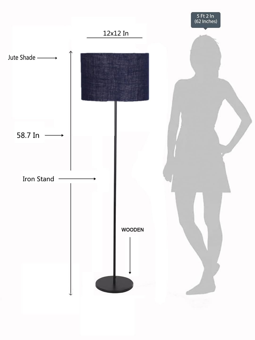 Blue Jute Drum Shade with Iron Floor lamp with Wood Base for Decoration/Office/Home/Gifting/Study .-(12x12x58.5 Inches)