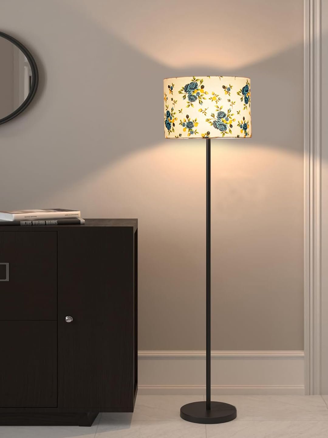 Multicolor Cotton Cotton Drum Shade with Iron Floor lamp with Wood Base for Decoration/Office/Home/Gifting/Study .-(12x12x58.5 Inches)-1