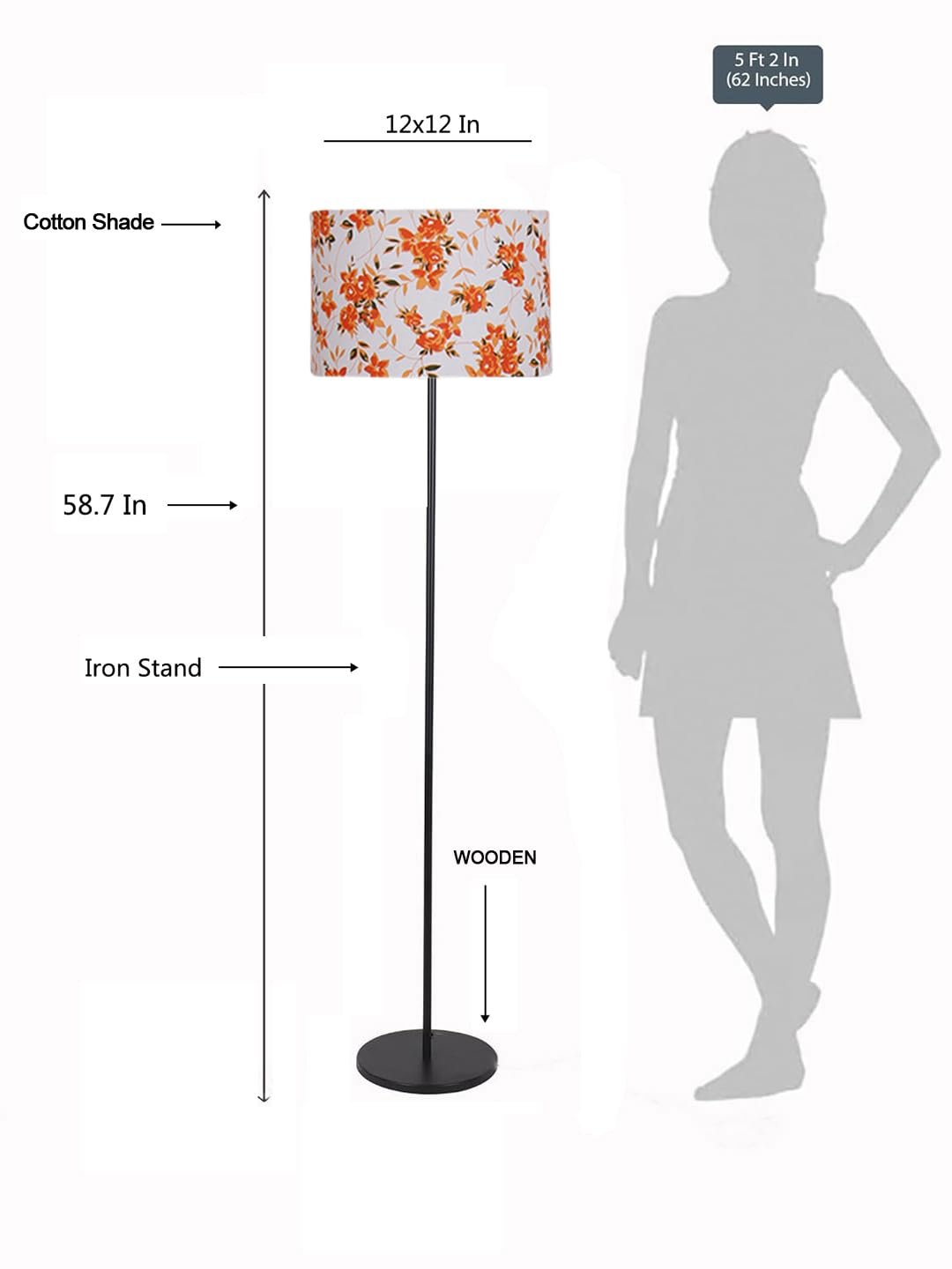 Multicolor Cotton Cotton Drum Shade with Iron Floor lamp with Wood Base for Decoration/Office/Home/Gifting/Study .-(12x12x58.5 Inches)-2