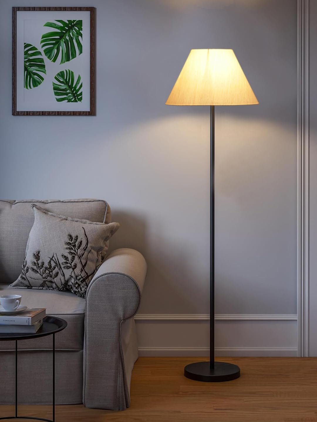 Off-White Cotton Conical Shade with Iron Floor lamp with Wood Base for Decoration/Office/Home/Gifting/Study .-(14x14x58.7 Inches)