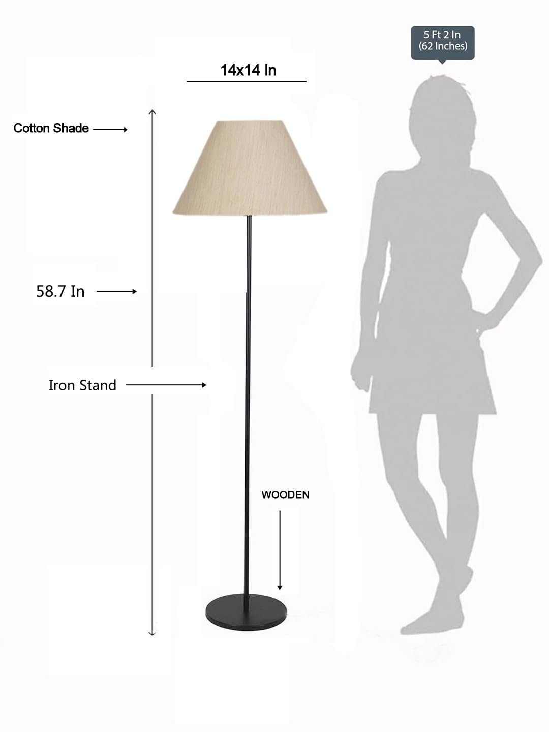 Off-White Cotton Conical Shade with Iron Floor lamp with Wood Base for Decoration/Office/Home/Gifting/Study .-(14x14x58.7 Inches)