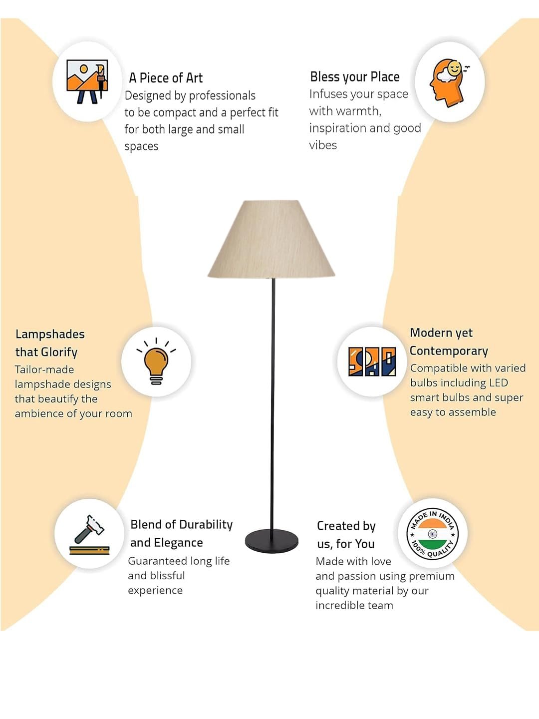 Off-White Cotton Conical Shade with Iron Floor lamp with Wood Base for Decoration/Office/Home/Gifting/Study .-(14x14x58.7 Inches)