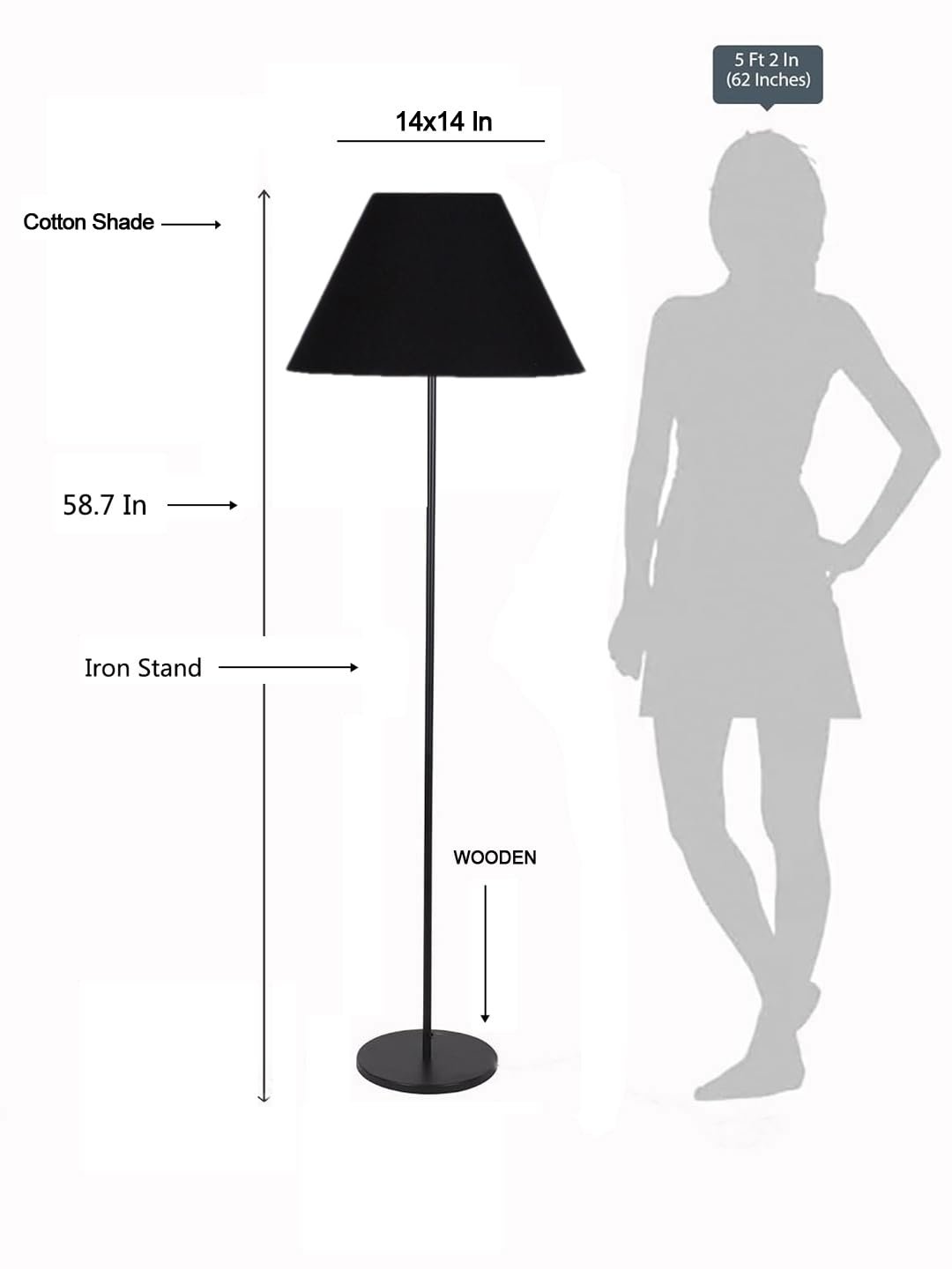 Black Cotton Conical Shade with Iron Floor lamp with Wood Base for Decoration/Office/Home/Gifting/Study .-(14x14x58.7 Inches)