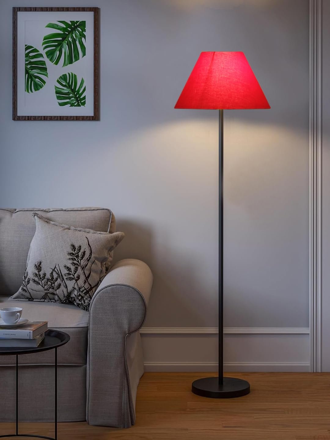Red Cotton Conical Shade with Iron Floor lamp with Wood Base for Decoration/Office/Home/Gifting/Study .-(14x14x58.7 Inches)