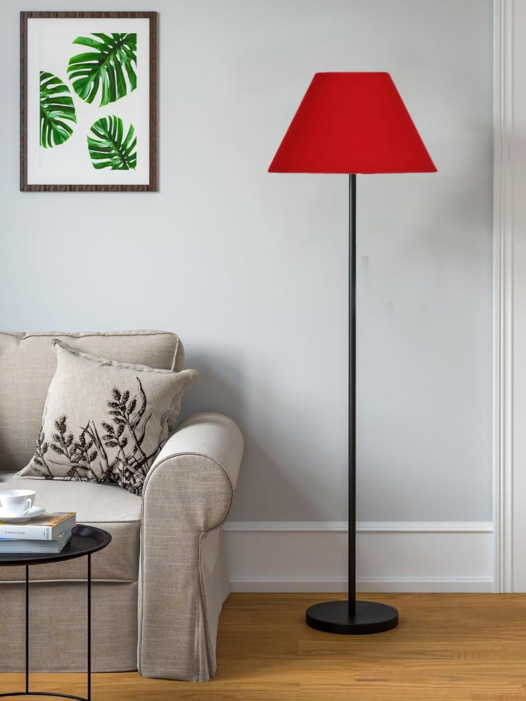 Red Cotton Conical Shade with Iron Floor lamp with Wood Base for Decoration/Office/Home/Gifting/Study .-(14x14x58.7 Inches)