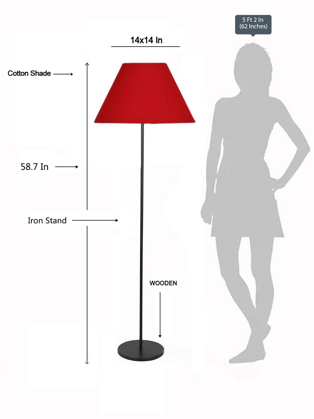 Red Cotton Conical Shade with Iron Floor lamp with Wood Base for Decoration/Office/Home/Gifting/Study .-(14x14x58.7 Inches)