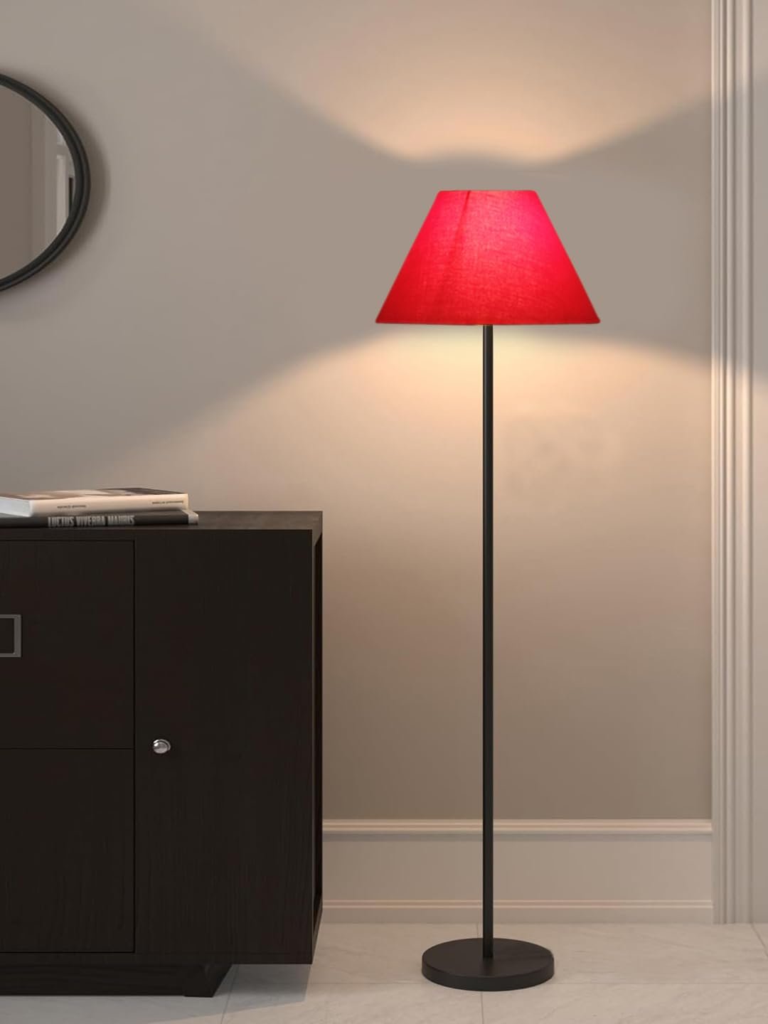 Red Cotton Conical Shade with Iron Floor lamp with Wood Base for Decoration/Office/Home/Gifting/Study .-(14x14x58.7 Inches)