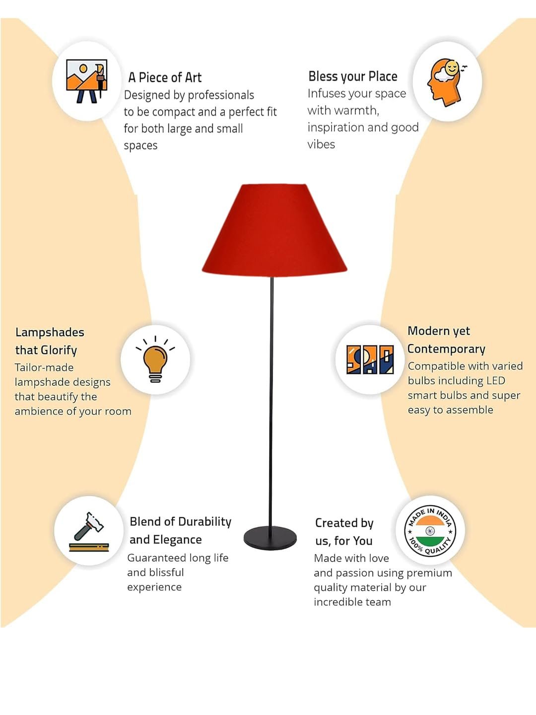 Orange Cotton Conical Shade with Iron Floor lamp with Wood Base for Decoration/Office/Home/Gifting/Study .-(14x14x58.7 Inches)