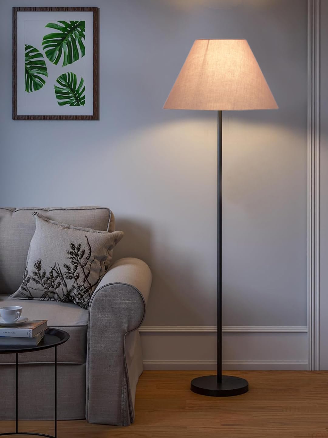Grey Cotton Conical Shade with Iron Floor lamp with Wood Base for Decoration/Office/Home/Gifting/Study .-(14x14x58.7 Inches)