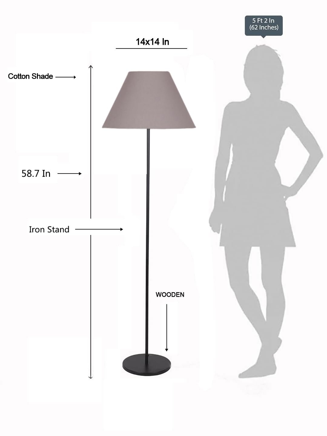 Grey Cotton Conical Shade with Iron Floor lamp with Wood Base for Decoration/Office/Home/Gifting/Study .-(14x14x58.7 Inches)