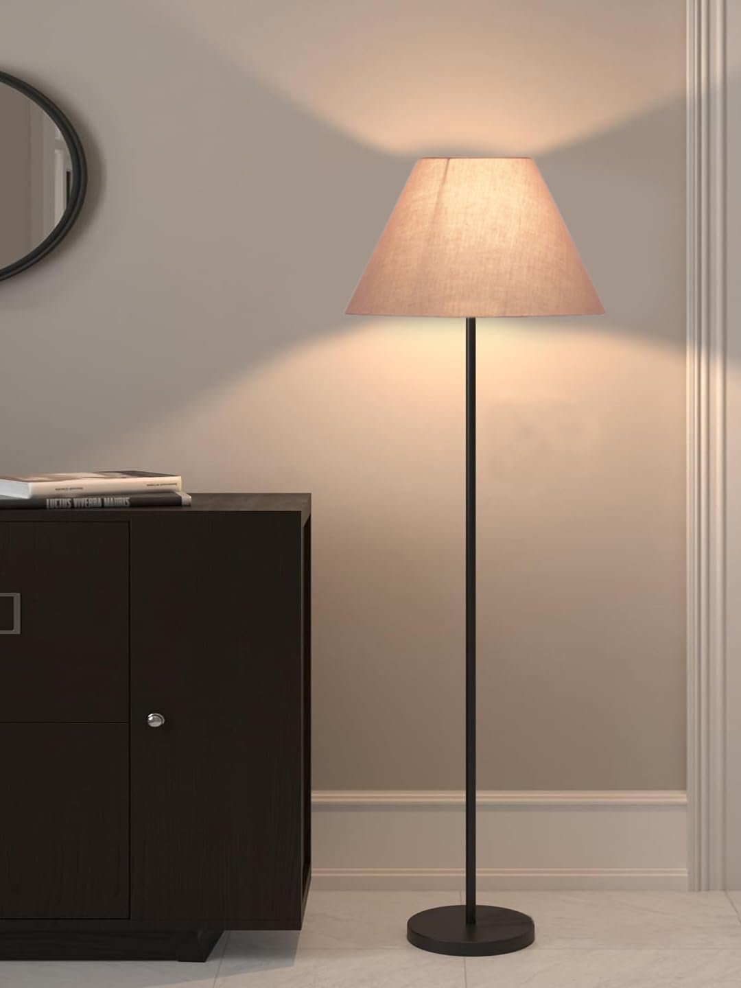 Grey Cotton Conical Shade with Iron Floor lamp with Wood Base for Decoration/Office/Home/Gifting/Study .-(14x14x58.7 Inches)
