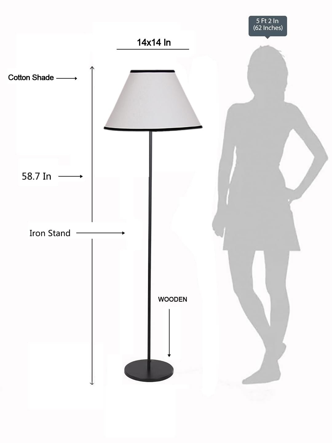 White & Black Cotton Conical Shade with Iron Floor lamp with Wood Base for Decoration/Office/Home/Gifting/Study .-(14x14x58.7 Inches)