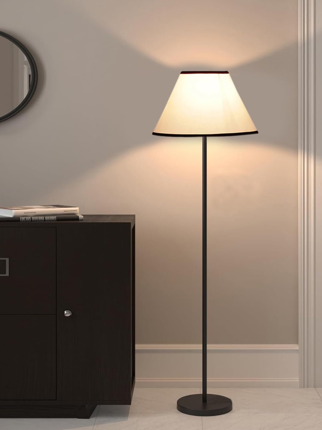 White & Black Cotton Conical Shade with Iron Floor lamp with Wood Base for Decoration/Office/Home/Gifting/Study .-(14x14x58.7 Inches)