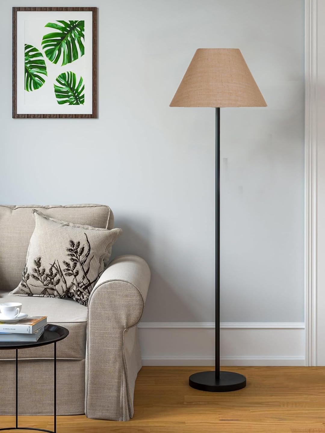 Beige Jute Conical Shade with Iron Floor lamp with Wood Base for Decoration/Office/Home/Gifting/Study .-(14x14x58.7 Inches)