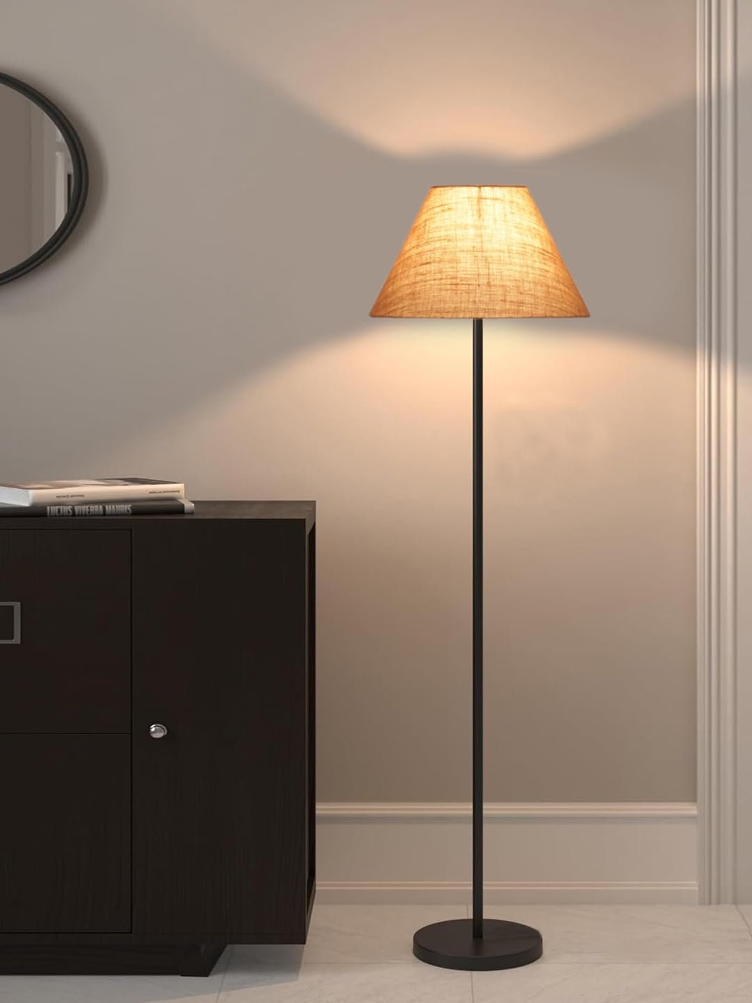 Beige Jute Conical Shade with Iron Floor lamp with Wood Base for Decoration/Office/Home/Gifting/Study .-(14x14x58.7 Inches)