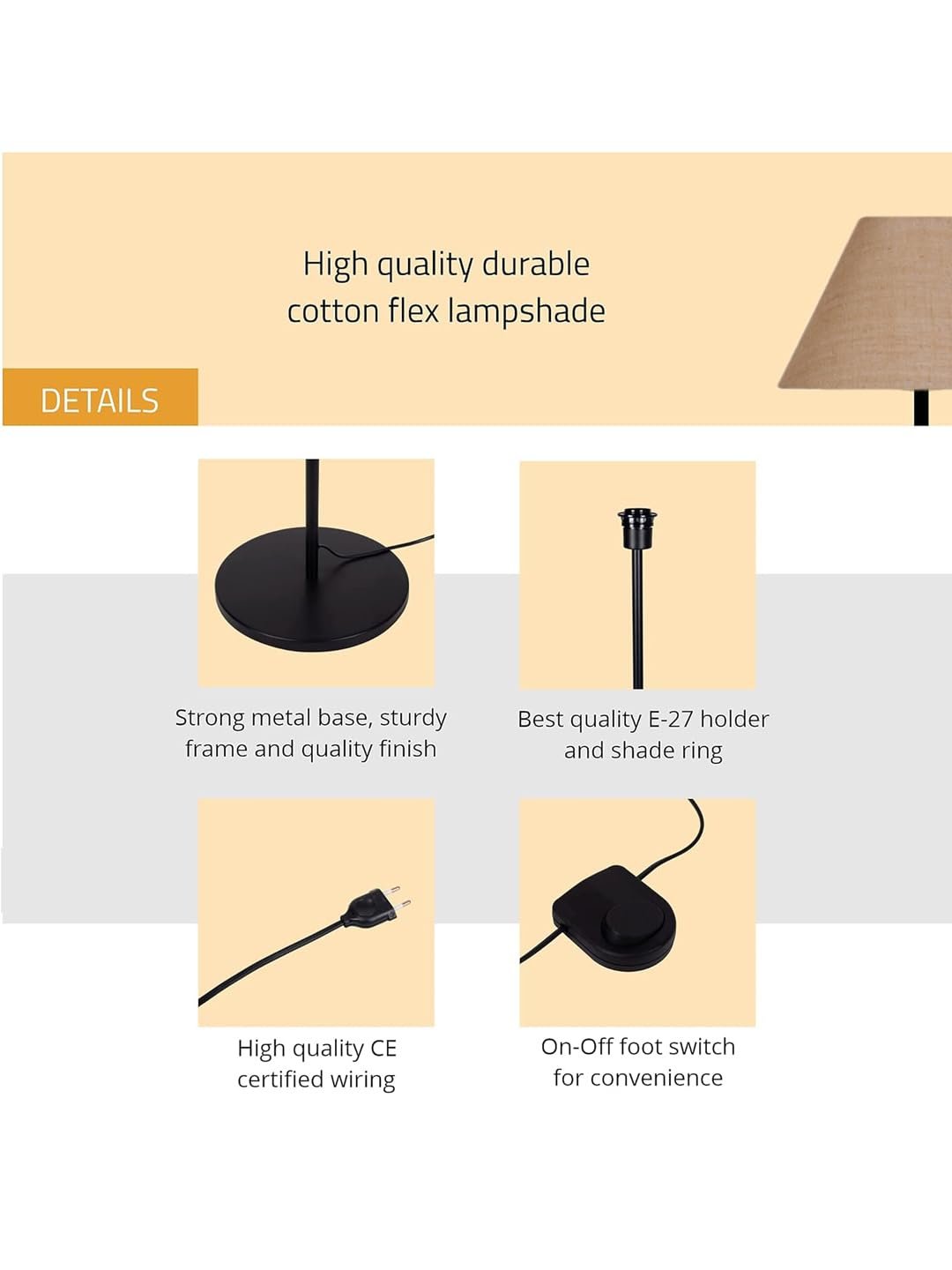 Beige Jute Conical Shade with Iron Floor lamp with Wood Base for Decoration/Office/Home/Gifting/Study .-(14x14x58.7 Inches)