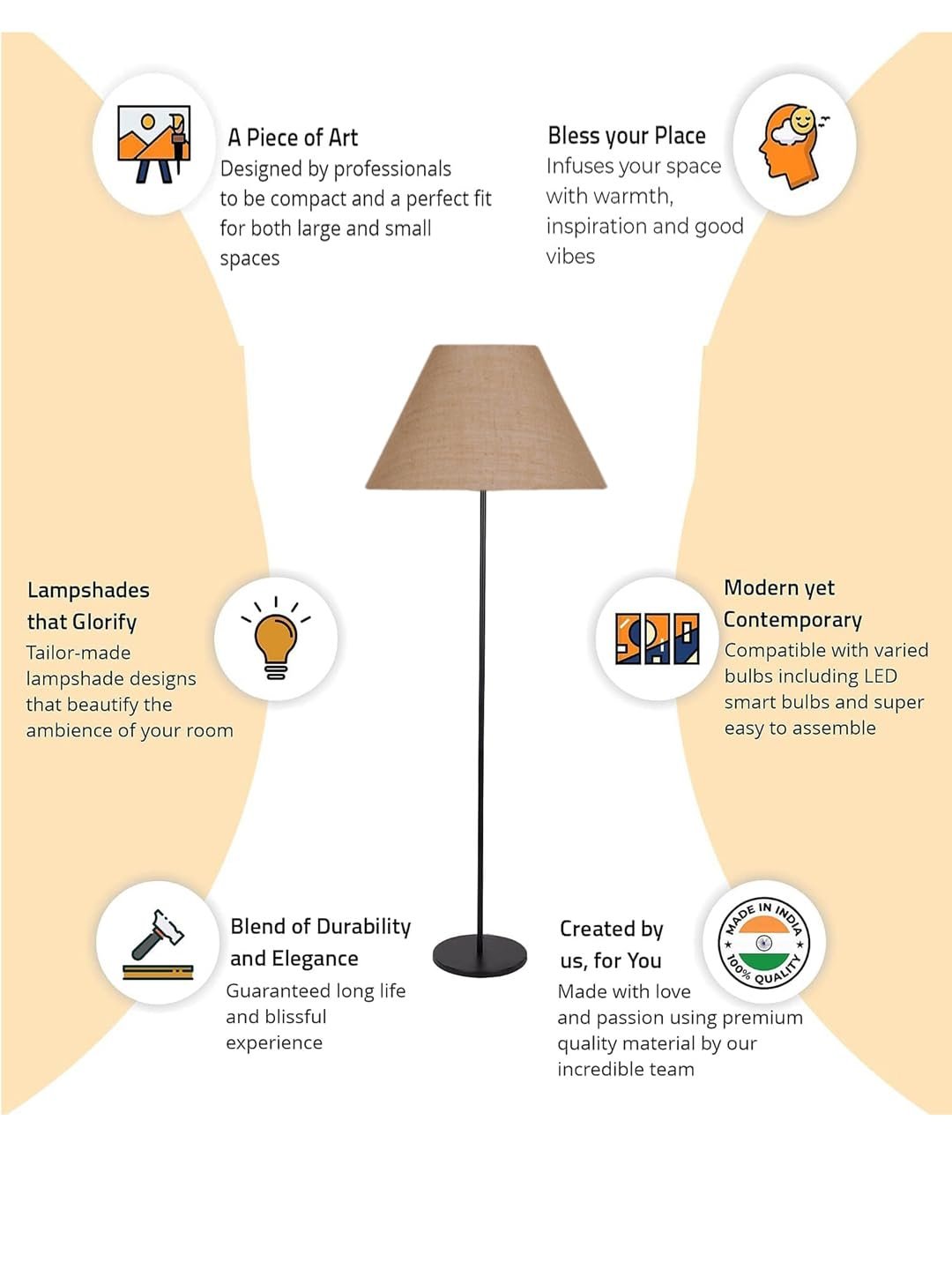 Beige Jute Conical Shade with Iron Floor lamp with Wood Base for Decoration/Office/Home/Gifting/Study .-(14x14x58.7 Inches)