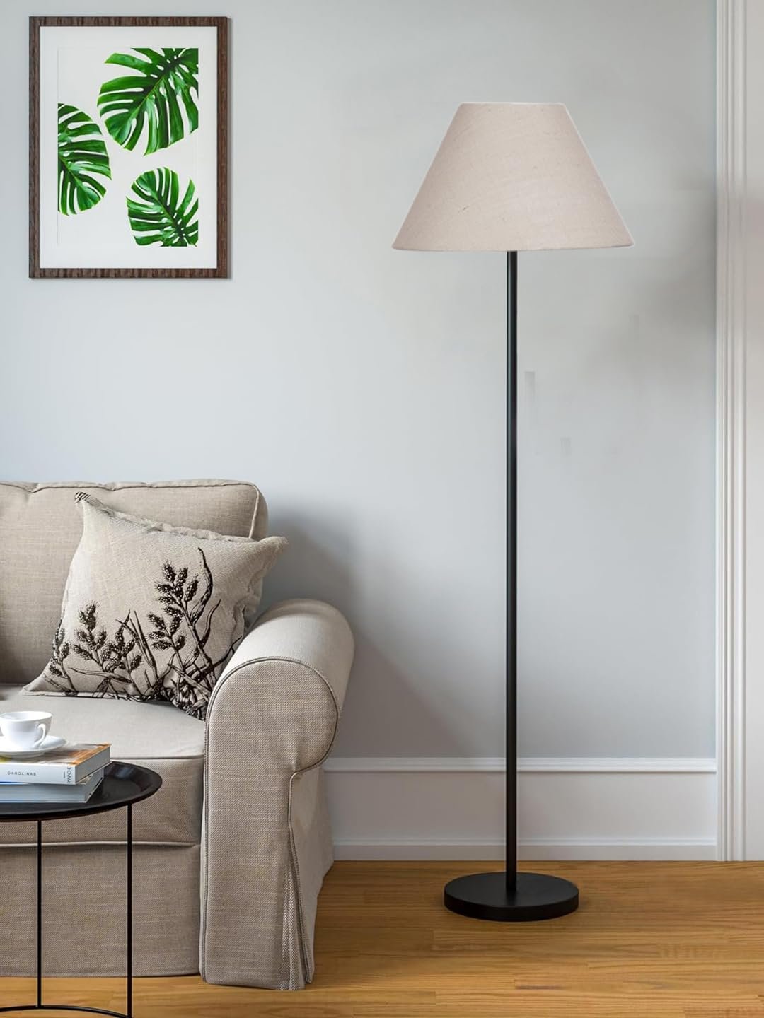 White Jute Conical Shade with Iron Floor lamp with Wood Base for Decoration/Office/Home/Gifting/Study .-(14x14x58.7 Inches)