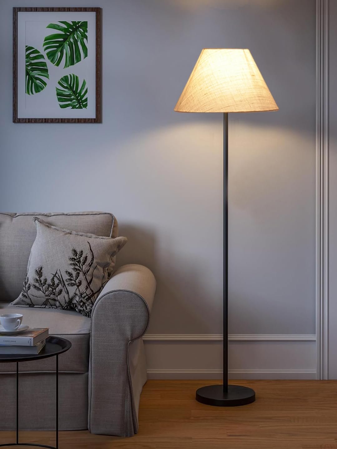 White Jute Conical Shade with Iron Floor lamp with Wood Base for Decoration/Office/Home/Gifting/Study .-(14x14x58.7 Inches)
