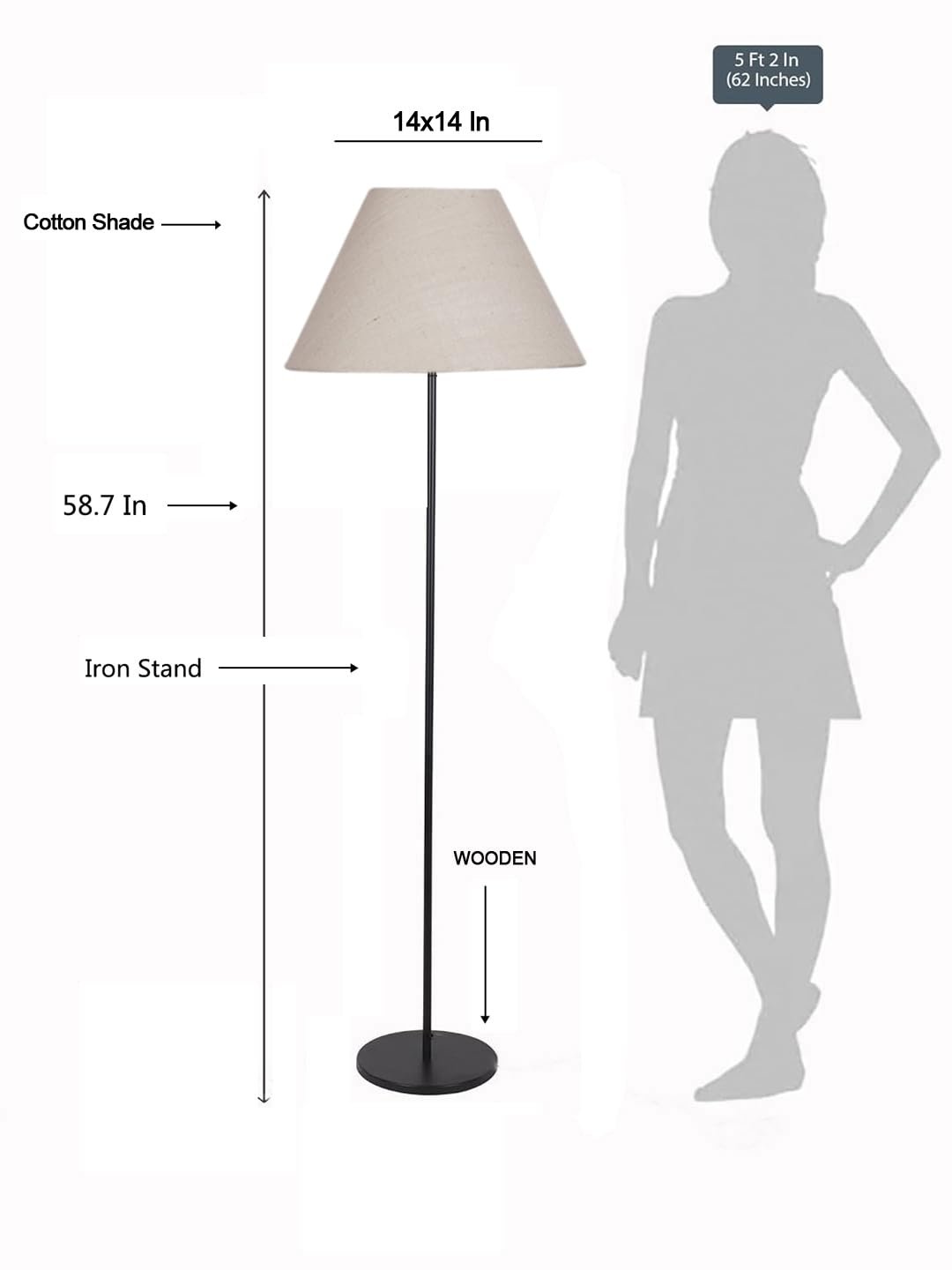 White Jute Conical Shade with Iron Floor lamp with Wood Base for Decoration/Office/Home/Gifting/Study .-(14x14x58.7 Inches)