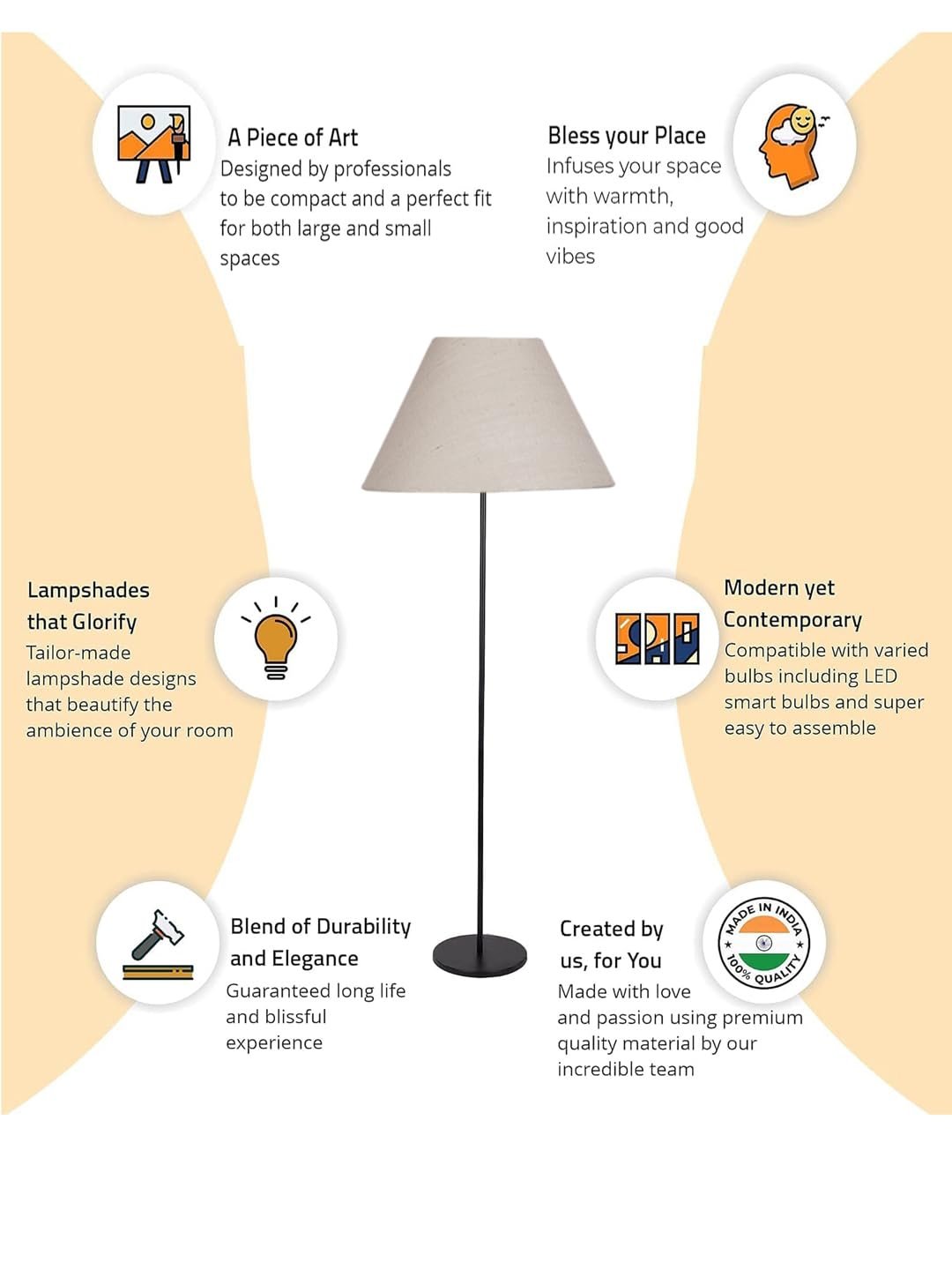 White Jute Conical Shade with Iron Floor lamp with Wood Base for Decoration/Office/Home/Gifting/Study .-(14x14x58.7 Inches)