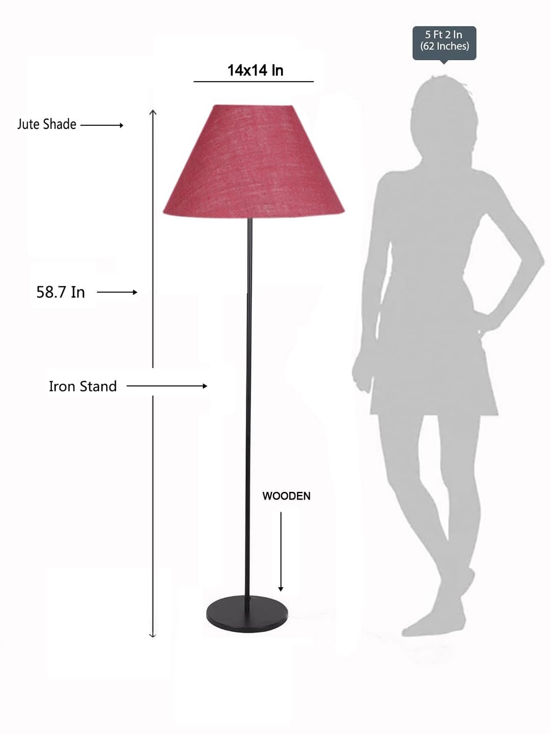 Pink Jute Conical Shade with Iron Floor lamp with Wood Base for Decoration/Office/Home/Gifting/Study .-(14x14x58.7 Inches)